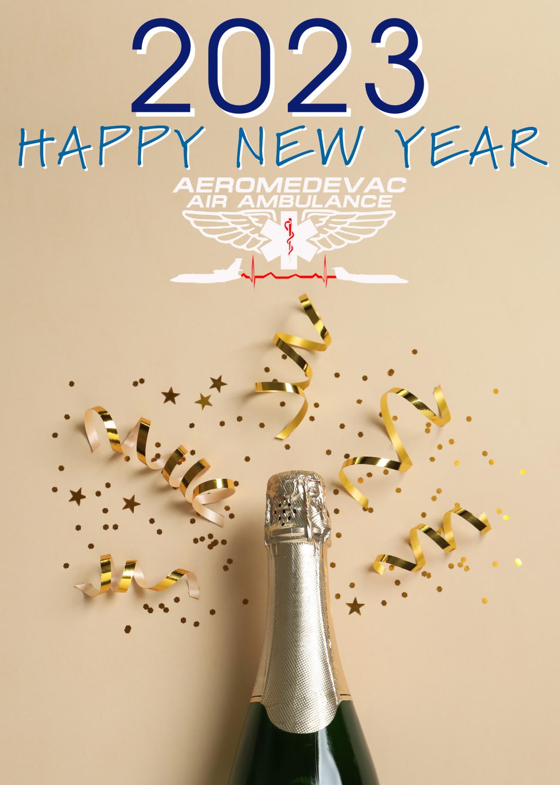 New Years champagne bottle and confetti celebrating the start of 2023 and a new digital web presence for Aeromedevac Air Ambulance