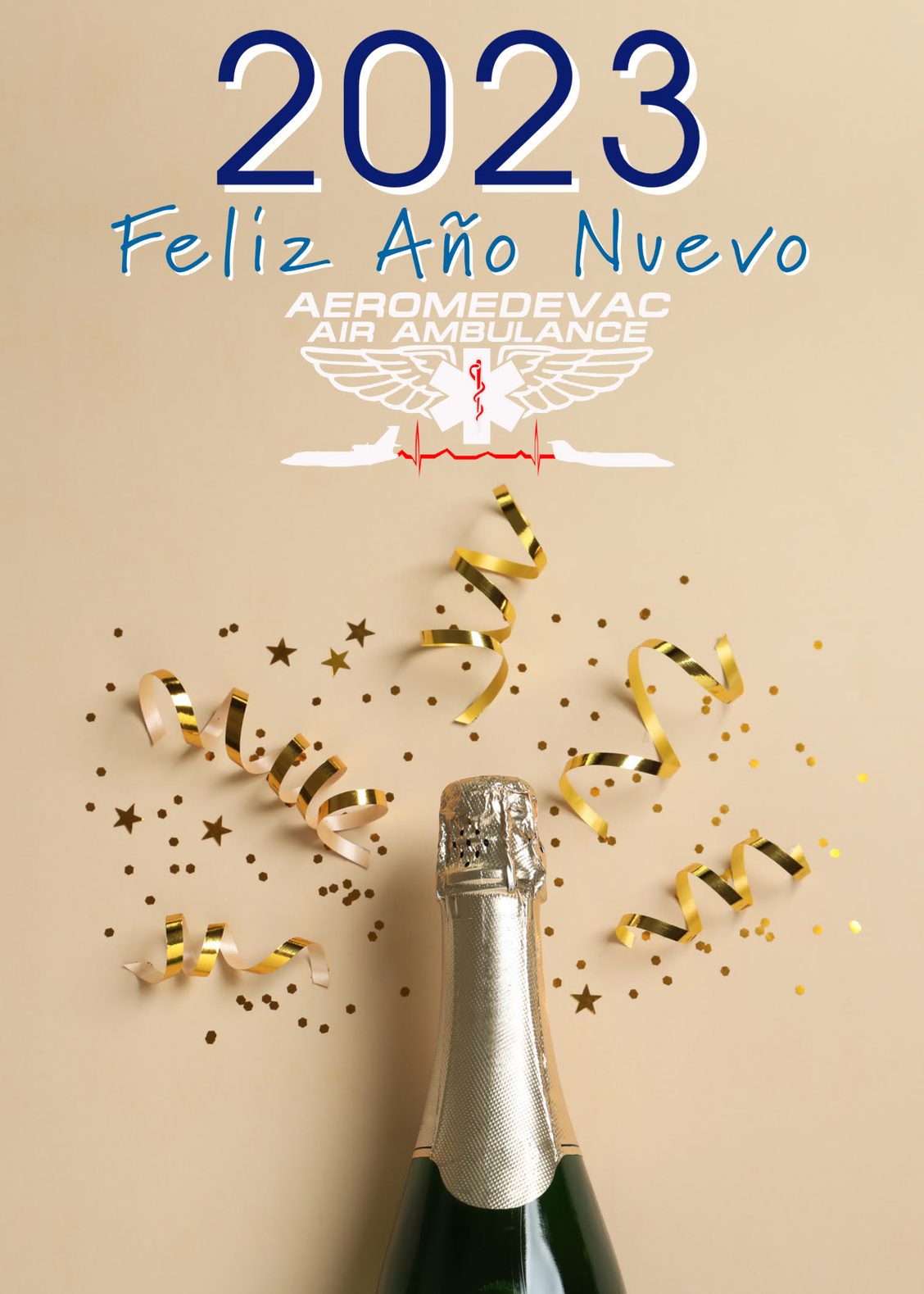 Botella de champán y confeti de Año Nuevo para celebrar el comienzo de 2023 y una nueva presencia web digital para Aeromedevac Air Ambulance.