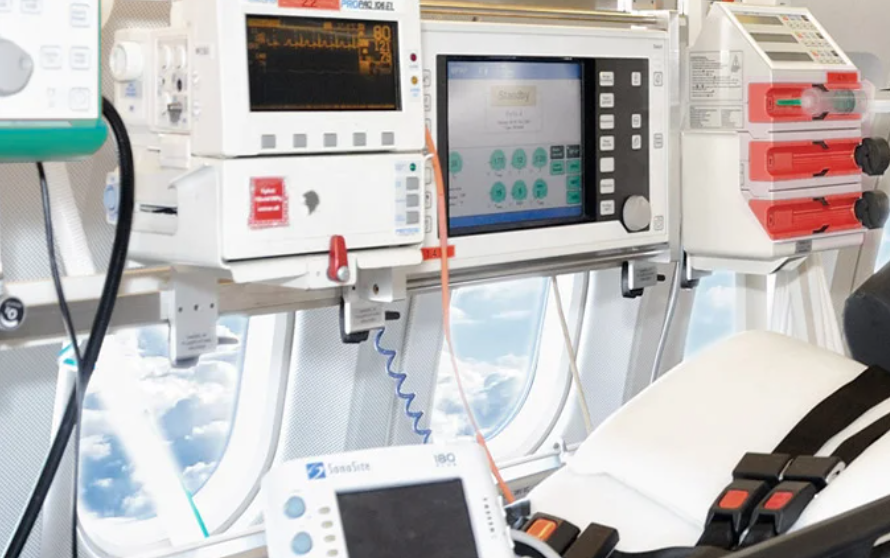 Advanced medical equipment aboard Aeromedevac medical jet plane for patient care